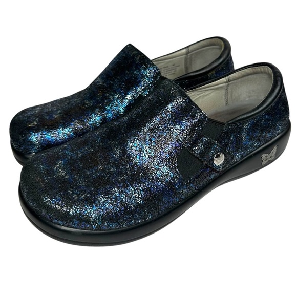Alegria Kara Blue Metallic Sparkle Leather Clogs Size 40 - Picture 1 of 9